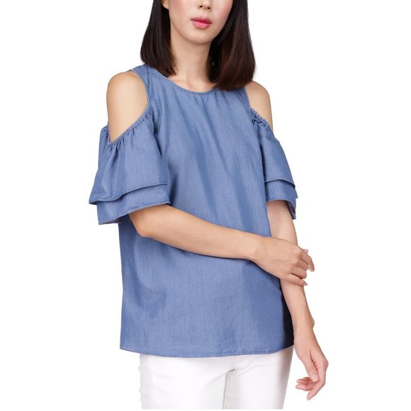 Michael Kors Womens Cold Shoulder Ruffled Keyhole Button Back Top Size XS Blue - Picture 1 of 10